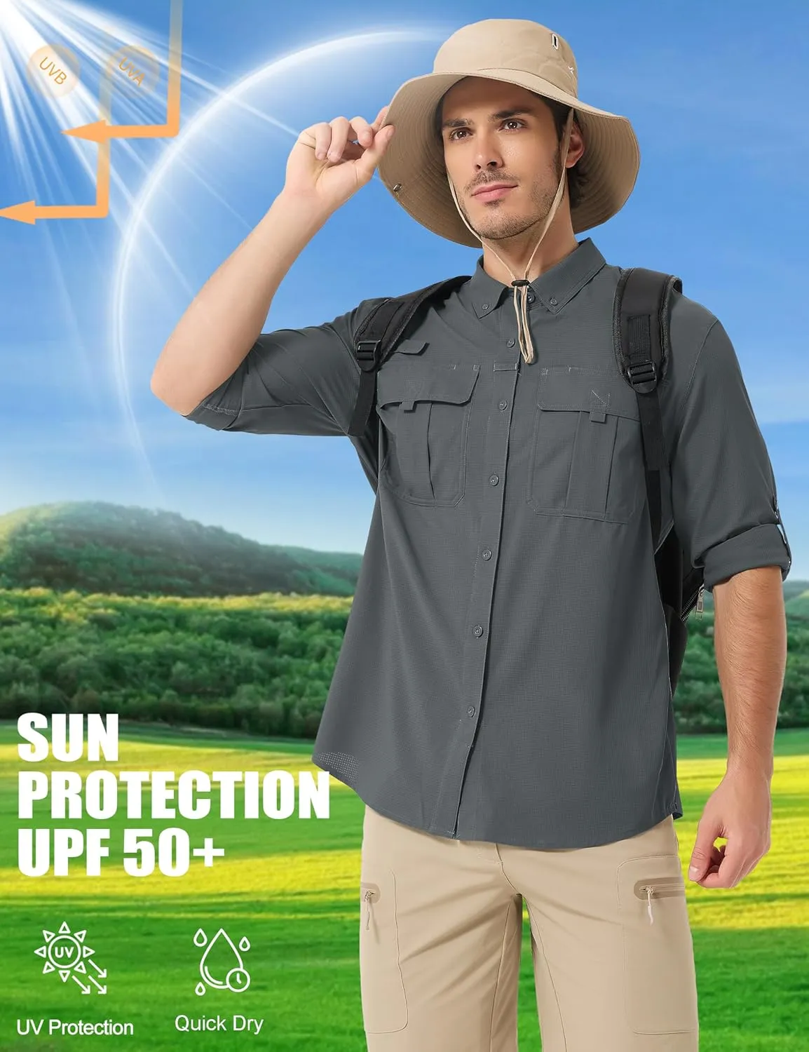 MAGCOMSEN Men's Sun Protection Fishing Shirts UPF 50  UV Quick Dry Long Sleeve Button Down Shirts Safari Hiking Travel