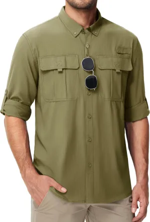 MAGCOMSEN Men's Sun Protection Fishing Shirts UPF 50  UV Quick Dry Long Sleeve Button Down Shirts Safari Hiking Travel
