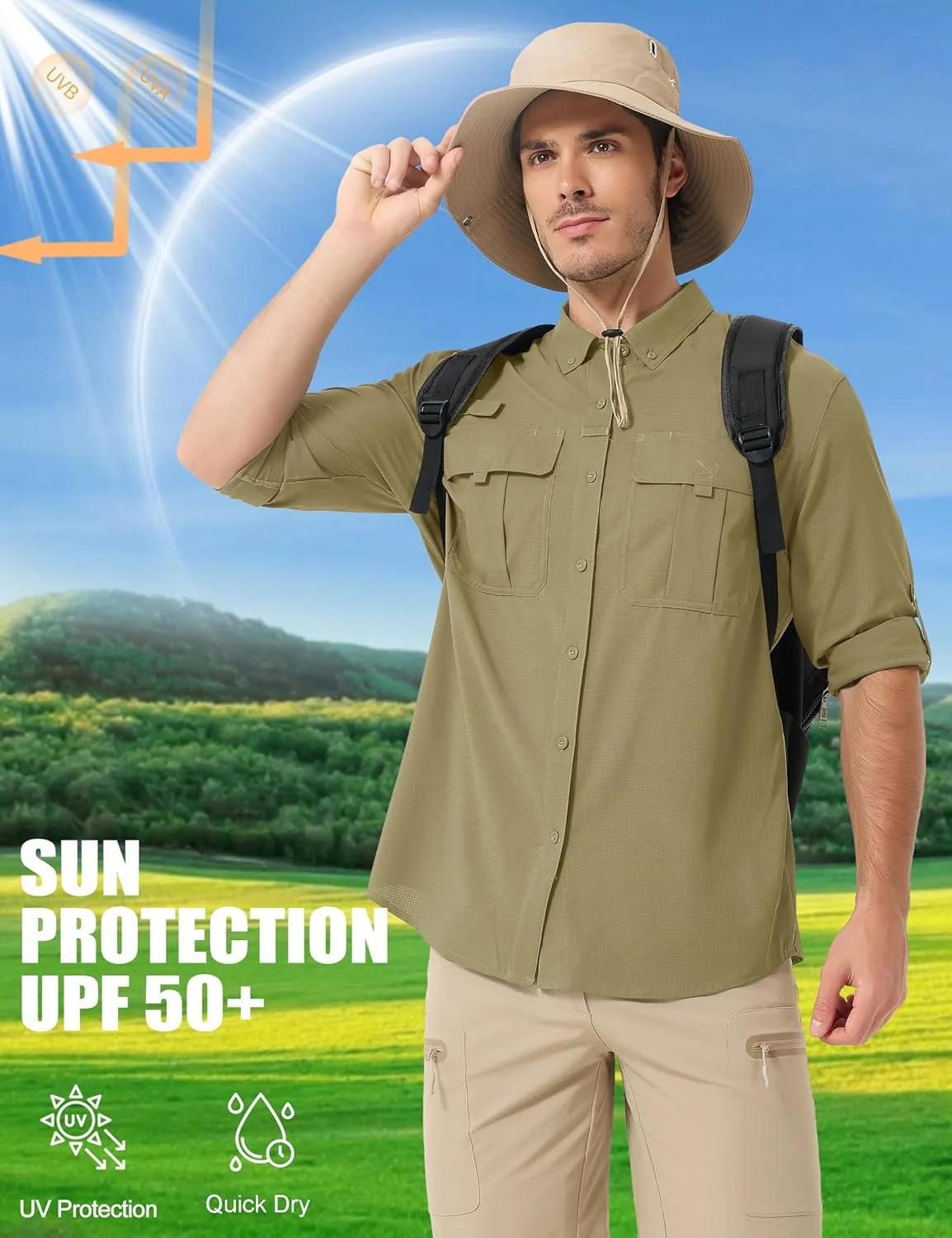 MAGCOMSEN Men's Sun Protection Fishing Shirts UPF 50  UV Quick Dry Long Sleeve Button Down Shirts Safari Hiking Travel