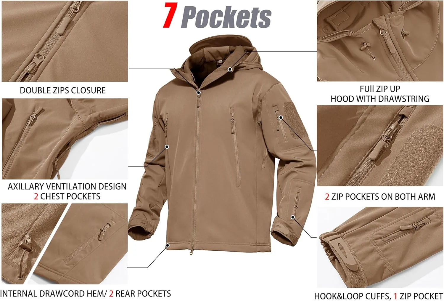 MAGCOMSEN Men's Tactical Jacket 7 Pockets Performance Fleece Lined Water Resistant Soft Shell Winter Coats