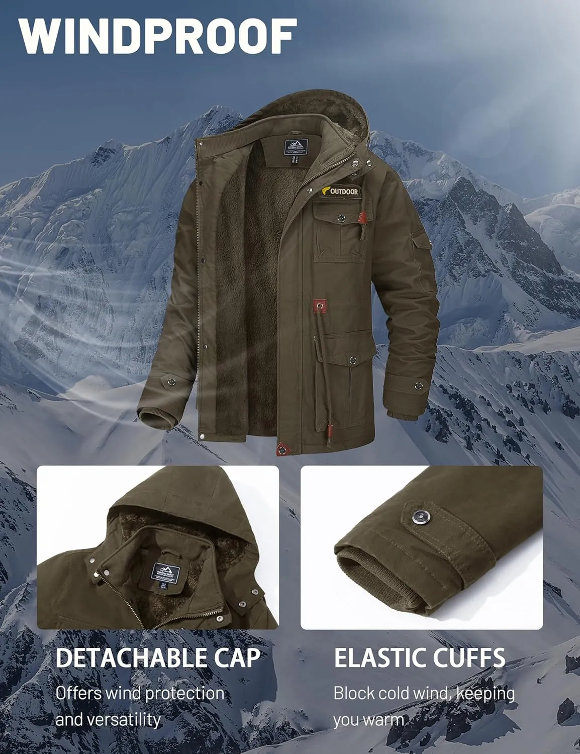 MAGCOMSEN Men's Winter Coat Military Jacket Fleece Lined Parka Cotton Cargo Jacket