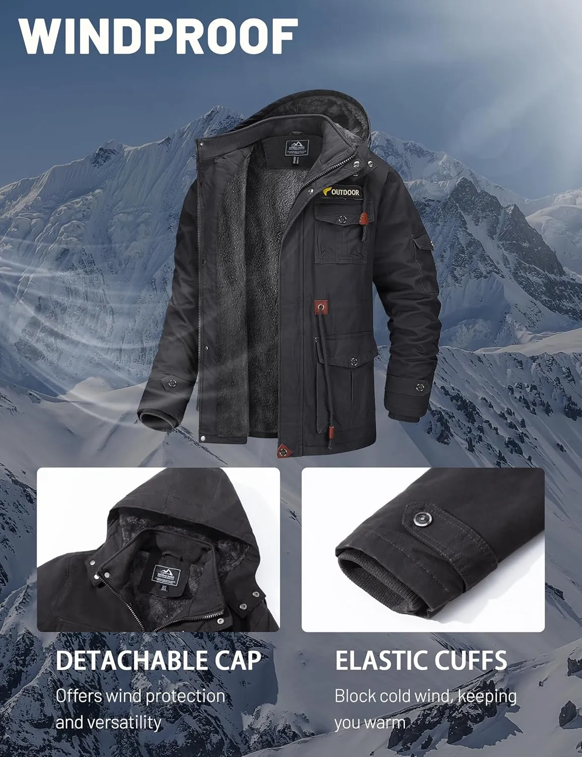 MAGCOMSEN Men's Winter Coat Military Jacket Fleece Lined Parka Cotton Cargo Jacket