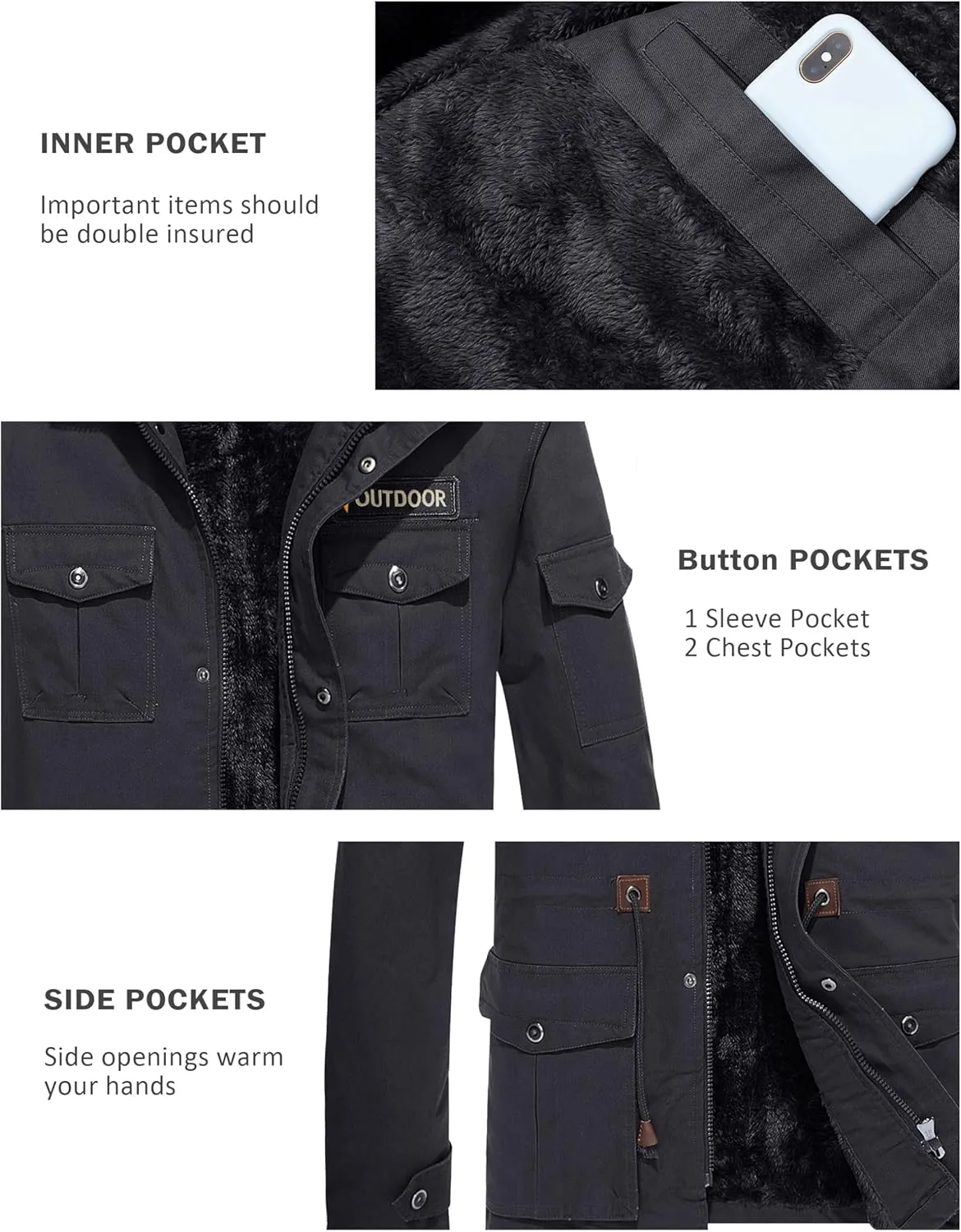 MAGCOMSEN Men's Winter Coat Military Jacket Fleece Lined Parka Cotton Cargo Jacket
