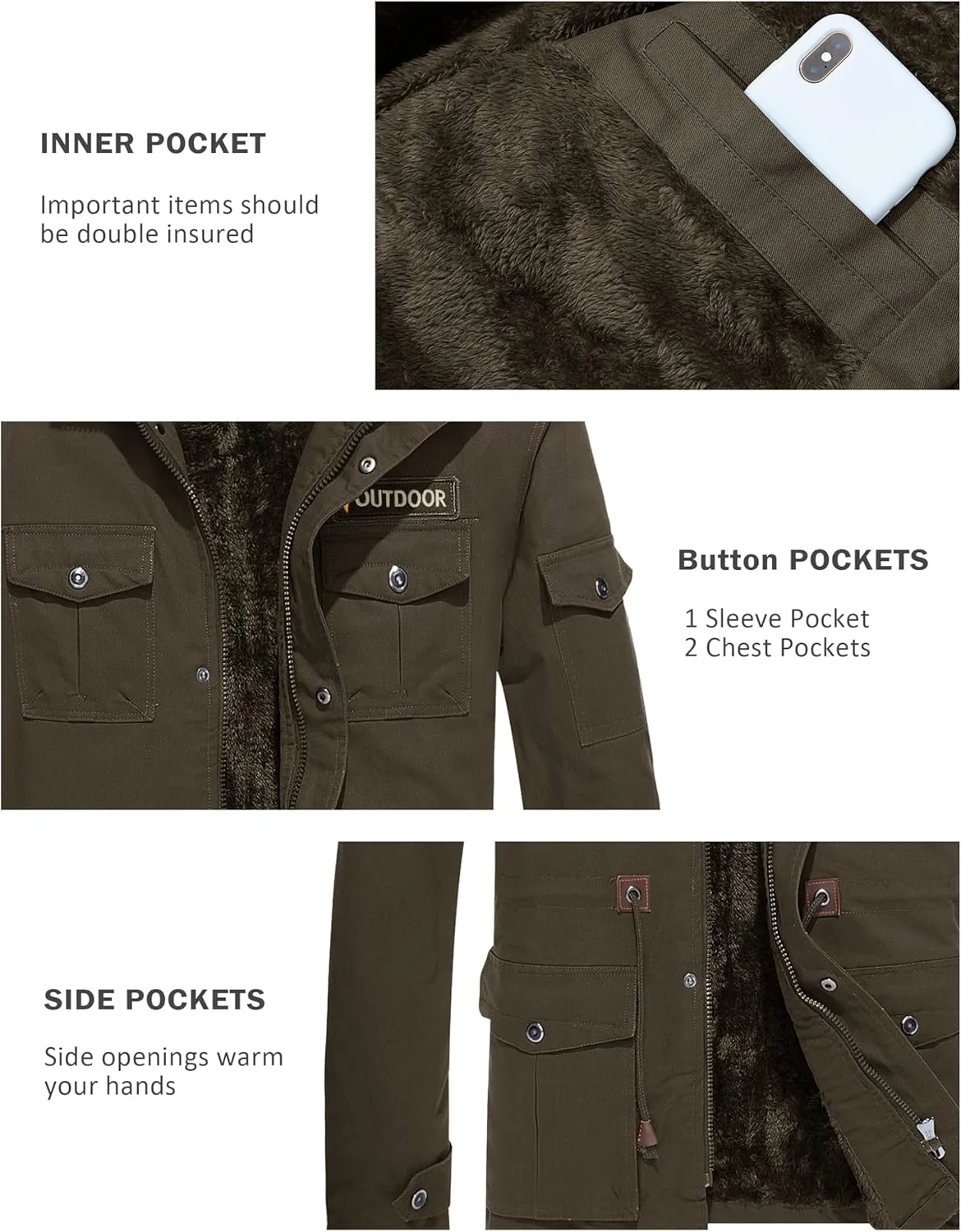 MAGCOMSEN Men's Winter Coat Military Jacket Fleece Lined Parka Cotton Cargo Jacket