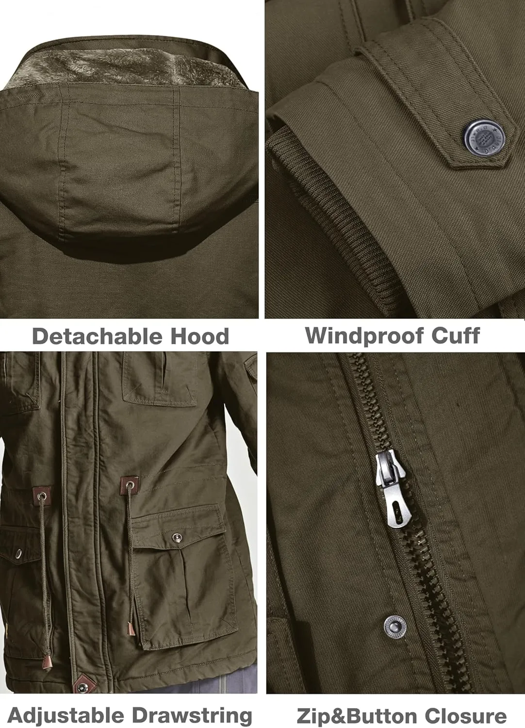 MAGCOMSEN Men's Winter Coat Military Jacket Fleece Lined Parka Cotton Cargo Jacket