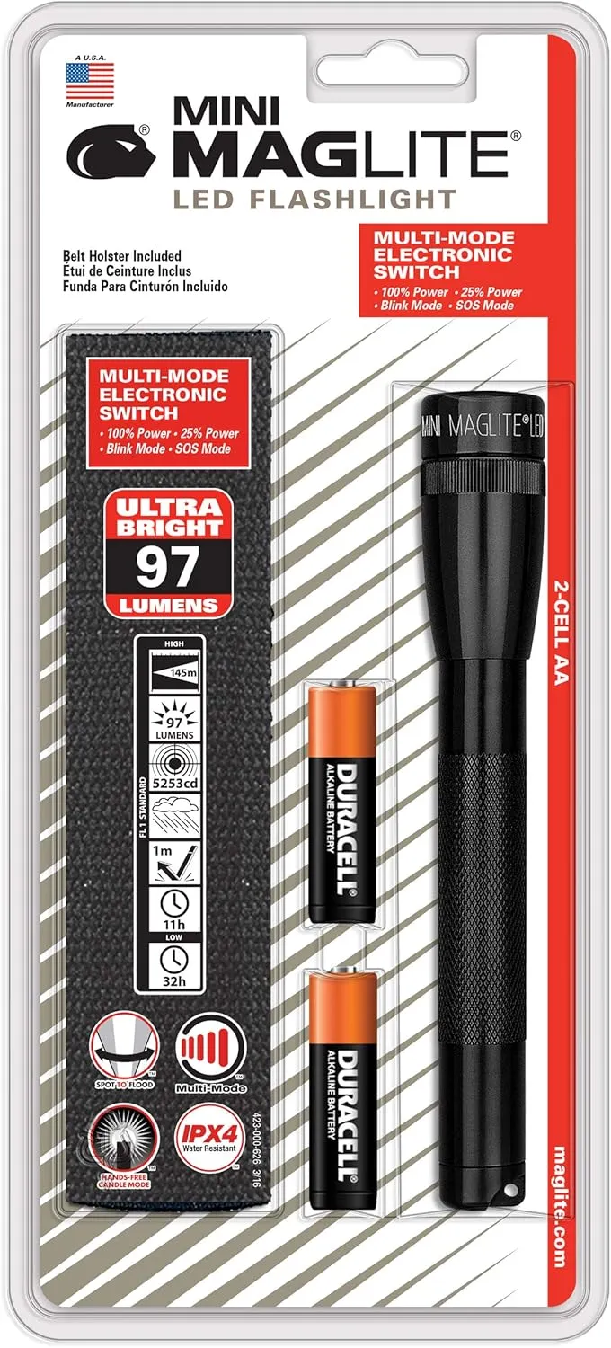 Maglite Mini LED 2-Cell AA Flashlight with Holster, Black