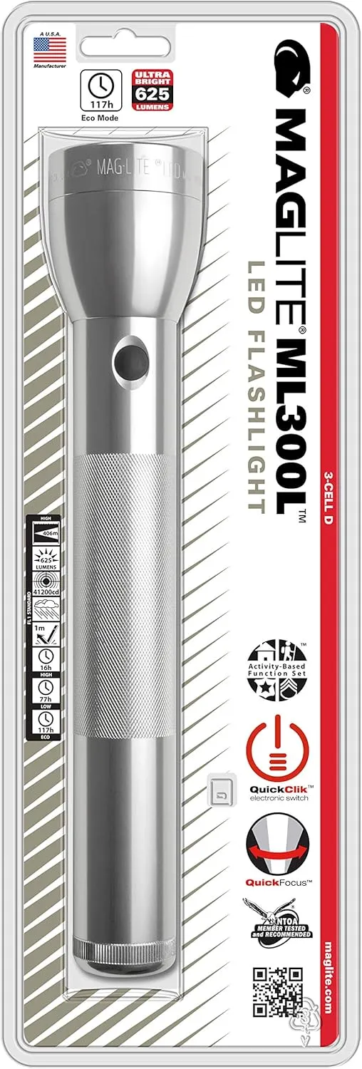Maglite ML300L LED 3-Cell D Flashlight, Silver