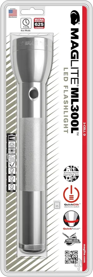 Maglite ML300L LED 3-Cell D Flashlight, Silver