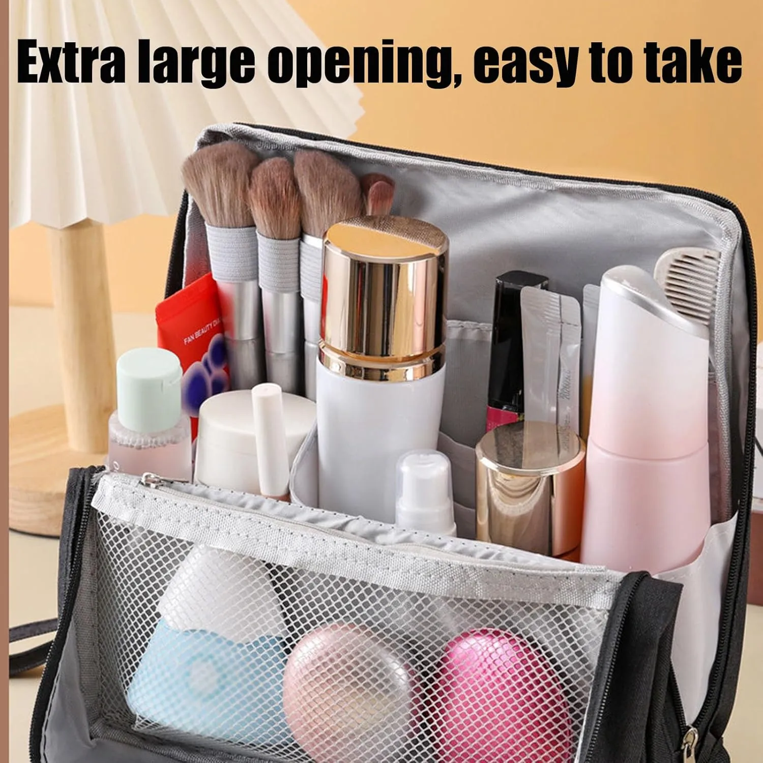 Makeup Bag, Standing Makeup Bag – Portable, Large Capacity Waterproof Makeup Organizer with Compartments Travel Home Use (Purple)