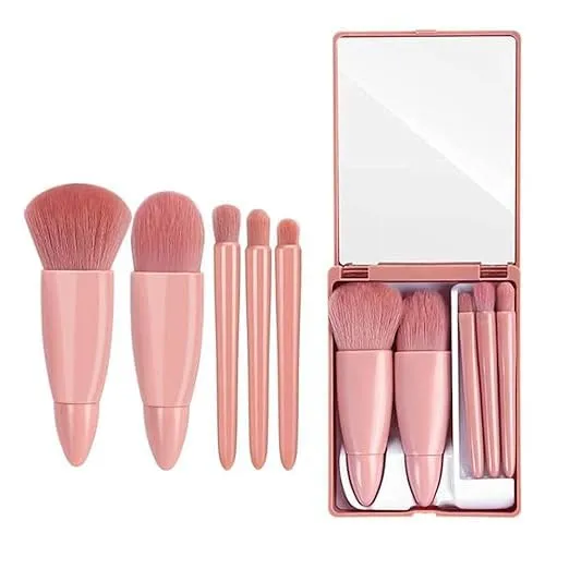 Makeup Brush Set 5 Pcs Professional Travel Small Makeup Brushes with Brush Case Built-in Mirror, Portable Cosmetics Brushes for Powder, Blush brush tool kit
