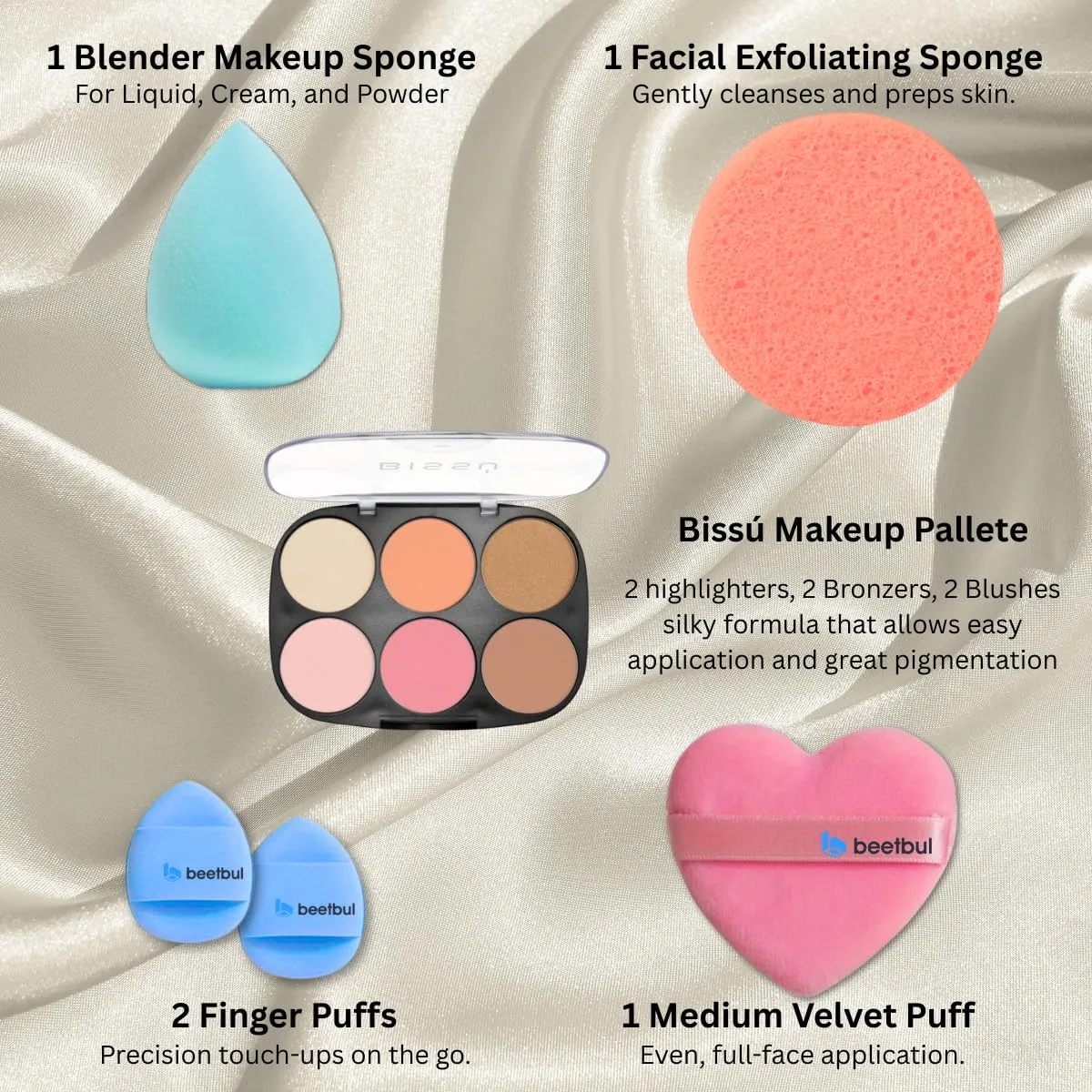 Makeup Kit Bissú 6‑Color Palette   Velvet Puff   2 Finger Puffs   Makeup Sponge   Exfoliating Sponge (4 Styles) (02 La de Cajón)