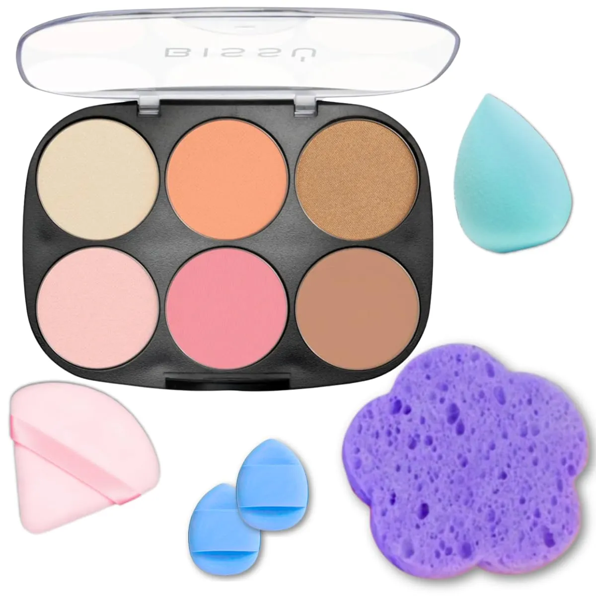 Makeup Kit Bissú 6‑Color Palette   Velvet Puff   2 Finger Puffs   Makeup Sponge   Exfoliating Sponge (4 Styles) (02 La de Cajón)