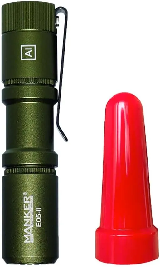Manker E05 II (Al-Army Green, High CRI, 4000K R9080) Compact EDC Flashlight, 519A LED 800 Lumens, 120m Flood Beam Distance, IP68,Red Filter,No Battery