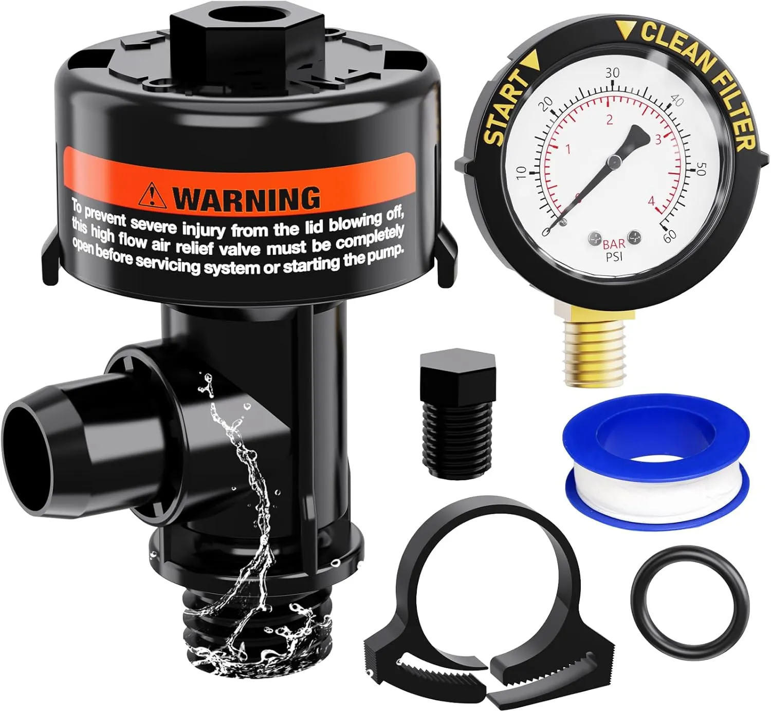 Manual Air Relief Valve for Pool and Spa Filters, Pool Filter Air Relief Valve with Pressure Gauge Replacement, Air Relief Valve for Pool Filter, Includes Gauge Plug, Pressure Gauge, O-Rings, Clips.