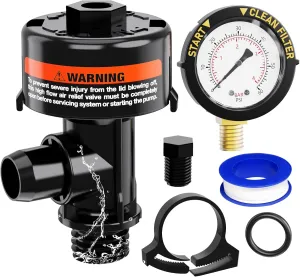 Manual Air Relief Valve for Pool and Spa Filters, Pool Filter Air Relief Valve with Pressure Gauge Replacement, Air Relief Valve for Pool Filter, Includes Gauge Plug, Pressure Gauge, O-Rings, Clips.