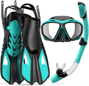 Mask Fin Snorkel Set, Travel Size Snorkeling Gear for Adults with Panoramic View Anti-Fog Mask, Fins, Dry Top Snorkel for Swimming Training, Snorkeling Kit Diving Packages (Green, L/XL)