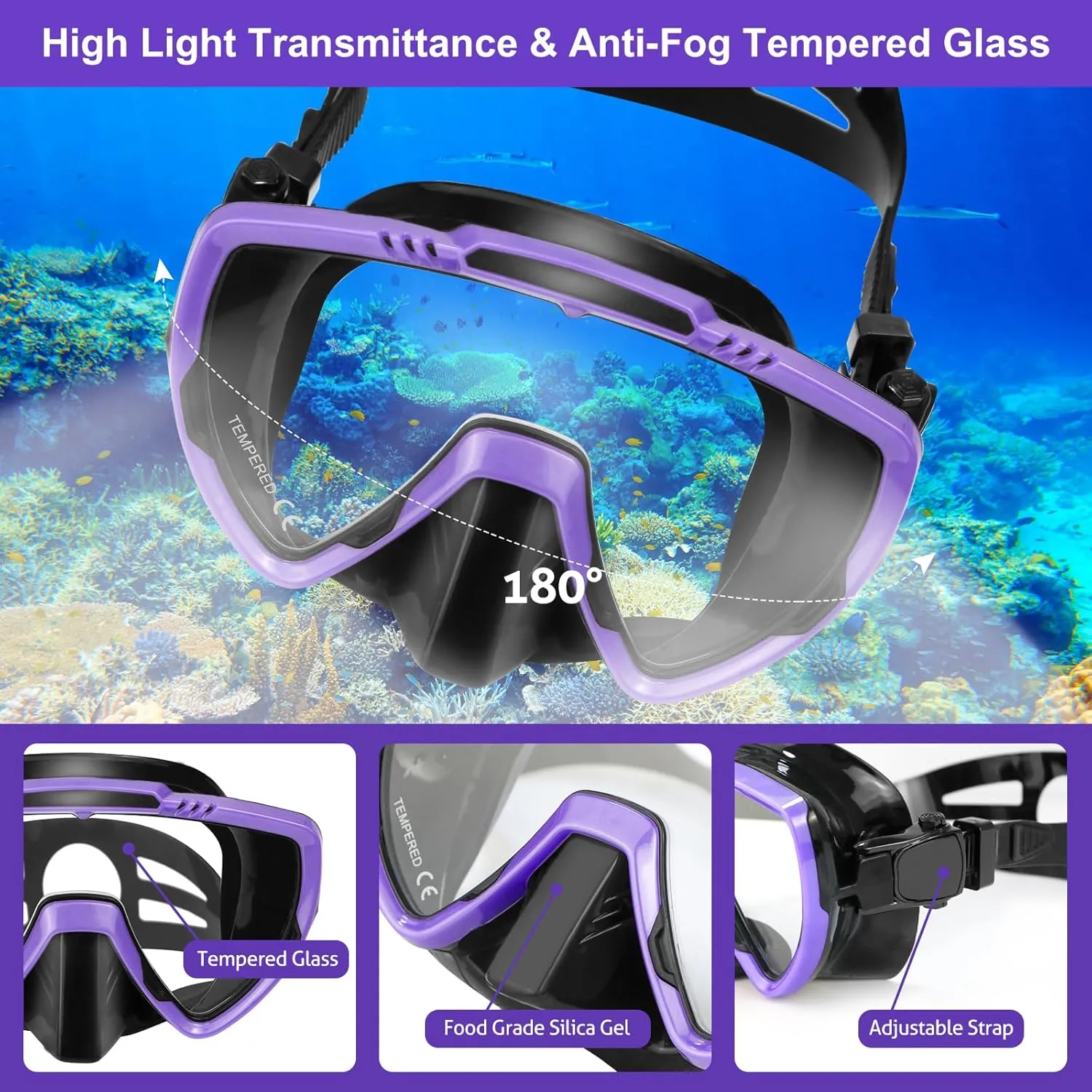Mask Fins Snorkel Set, Snorkeling Gear for Adults, Panoramic View Diving Mask Anti-Fog, Anti-Leak, Dry Top Snorkel and Dive Flippers with Travel Bag for Snorkeling Swimming