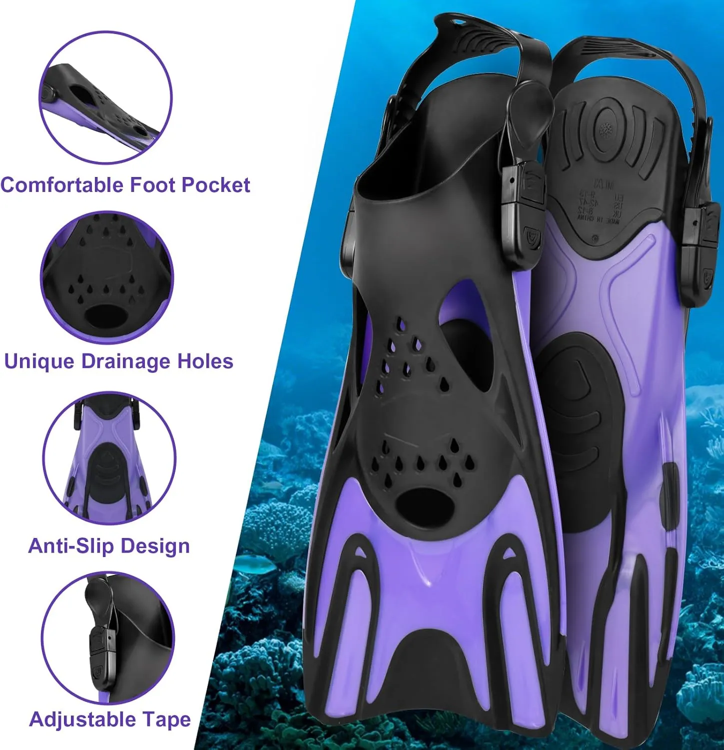 Mask Fins Snorkel Set, Snorkeling Gear for Adults, Panoramic View Diving Mask Anti-Fog, Anti-Leak, Dry Top Snorkel and Dive Flippers with Travel Bag for Snorkeling Swimming
