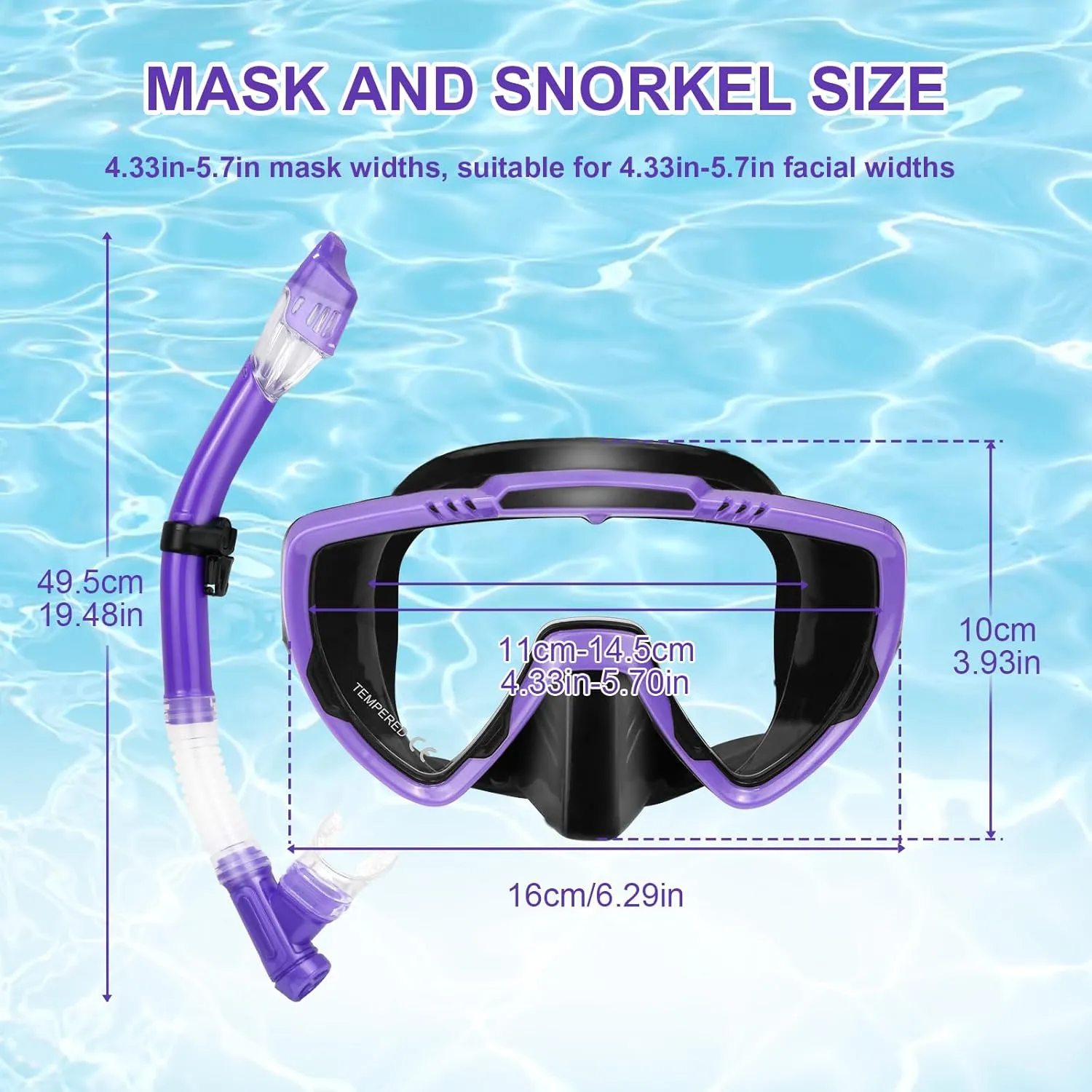 Mask Fins Snorkel Set, Snorkeling Gear for Adults, Panoramic View Diving Mask Anti-Fog, Anti-Leak, Dry Top Snorkel and Dive Flippers with Travel Bag for Snorkeling Swimming