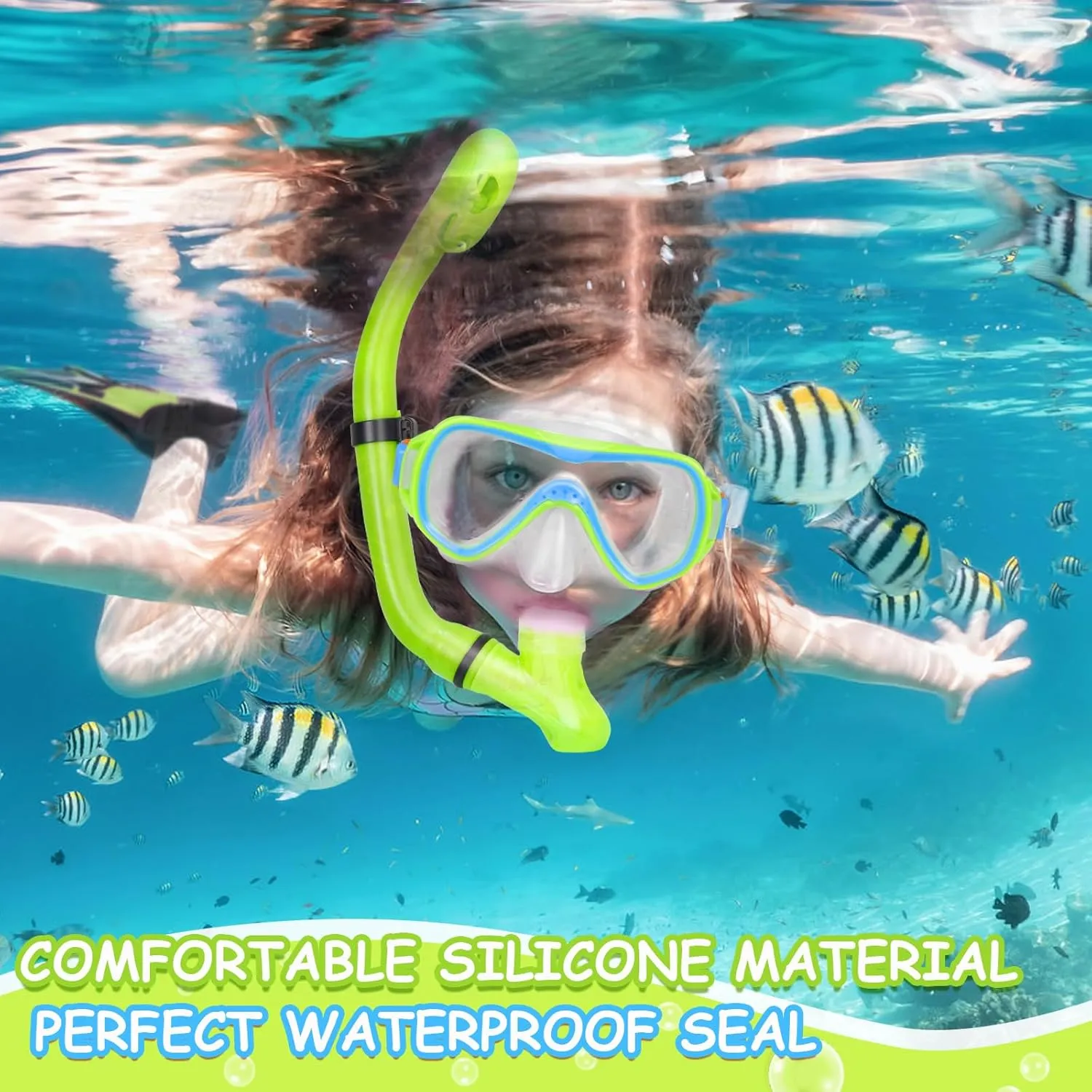 Mask Fins Snorkel Set, Snorkeling Gear for Kids, Panoramic View Diving Mask Anti-Fog, Anti-Leak, Dry Top Snorkel and Dive Flippers with Travel Bag, for Kid Snorkeling Swimming