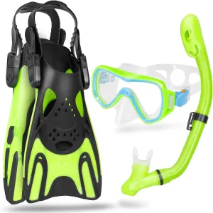 Mask Fins Snorkel Set, Snorkeling Gear for Kids, Panoramic View Diving Mask Anti-Fog, Anti-Leak, Dry Top Snorkel and Dive Flippers with Travel Bag, for Kid Snorkeling Swimming