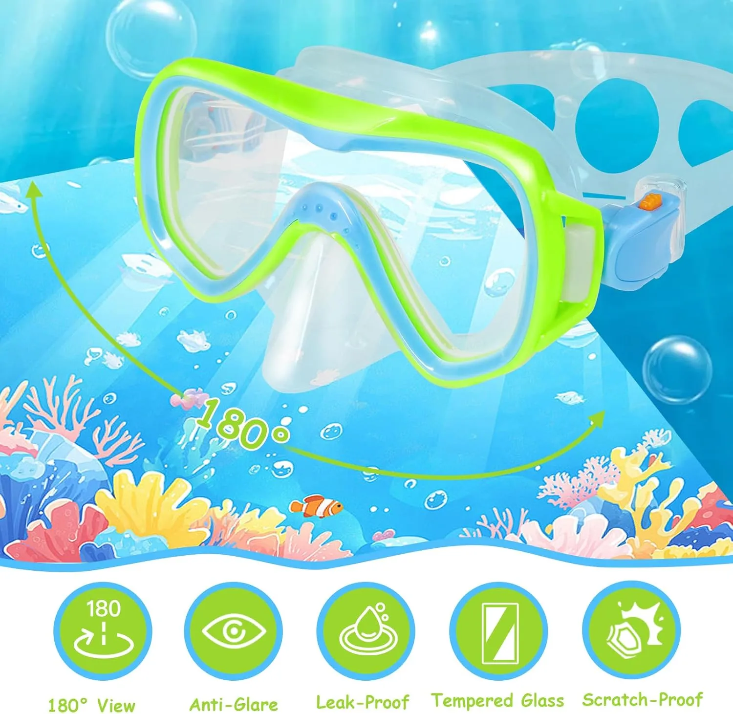 Mask Fins Snorkel Set, Snorkeling Gear for Kids, Panoramic View Diving Mask Anti-Fog, Anti-Leak, Dry Top Snorkel and Dive Flippers with Travel Bag, for Kid Snorkeling Swimming