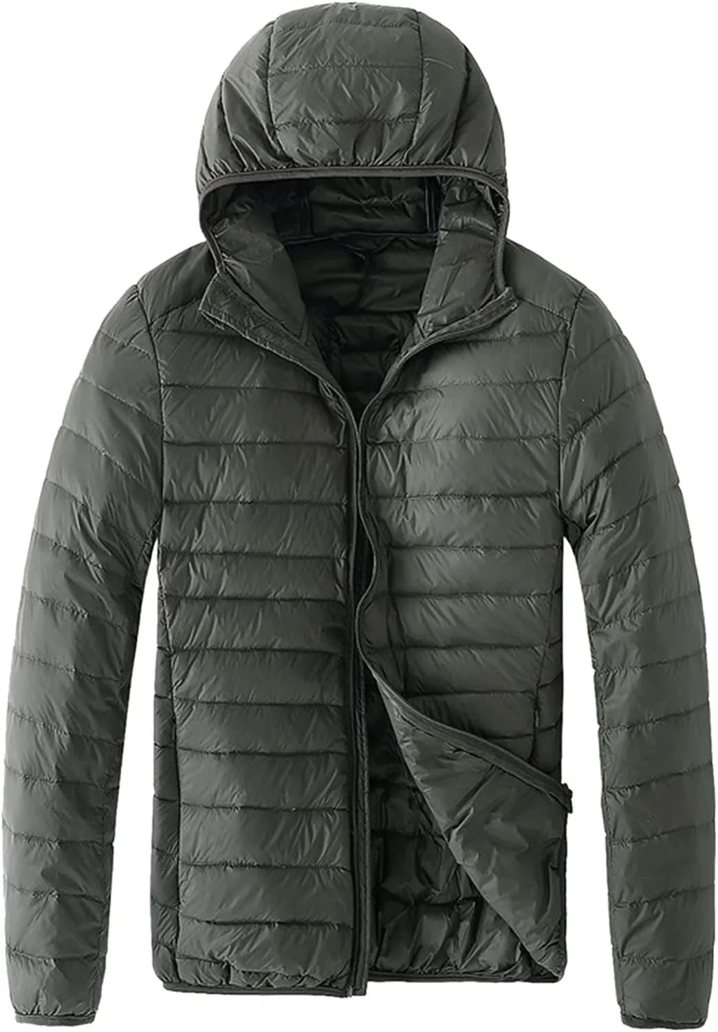 Men Puffer Jacket Hooded Light Packable Long Sleeve Zip Down Jacket Winter Warm Padded Bubble Outwear Coat
