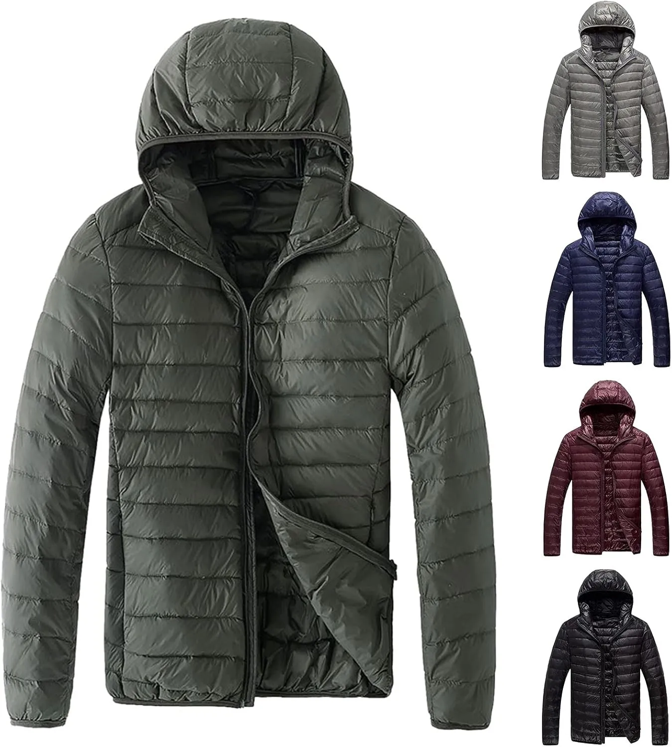 Men Puffer Jacket Hooded Light Packable Long Sleeve Zip Down Jacket Winter Warm Padded Bubble Outwear Coat