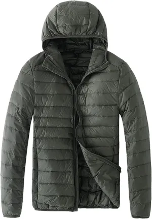 Men Puffer Jacket Hooded Light Packable Long Sleeve Zip Down Jacket Winter Warm Padded Bubble Outwear Coat