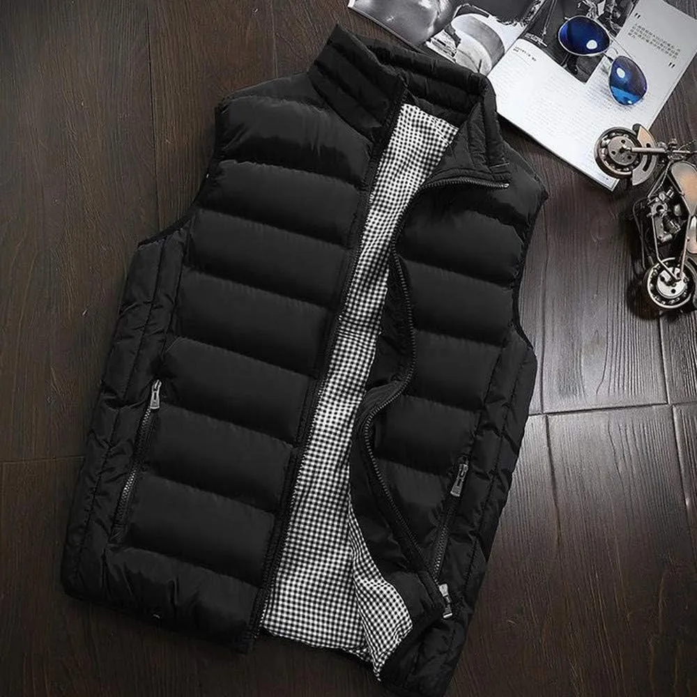 Men Winter Vest Winter Fashion Casual Solid Color Zipper Collar Pocket Hoodless Sleeveless Cotton Padded Puffer