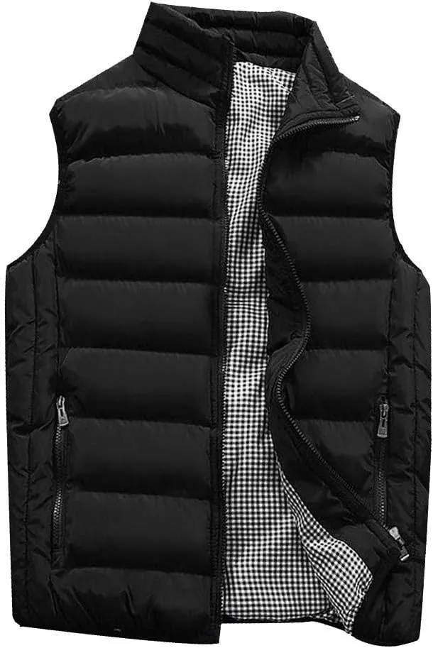 Men Winter Vest Winter Fashion Casual Solid Color Zipper Collar Pocket Hoodless Sleeveless Cotton Padded Puffer