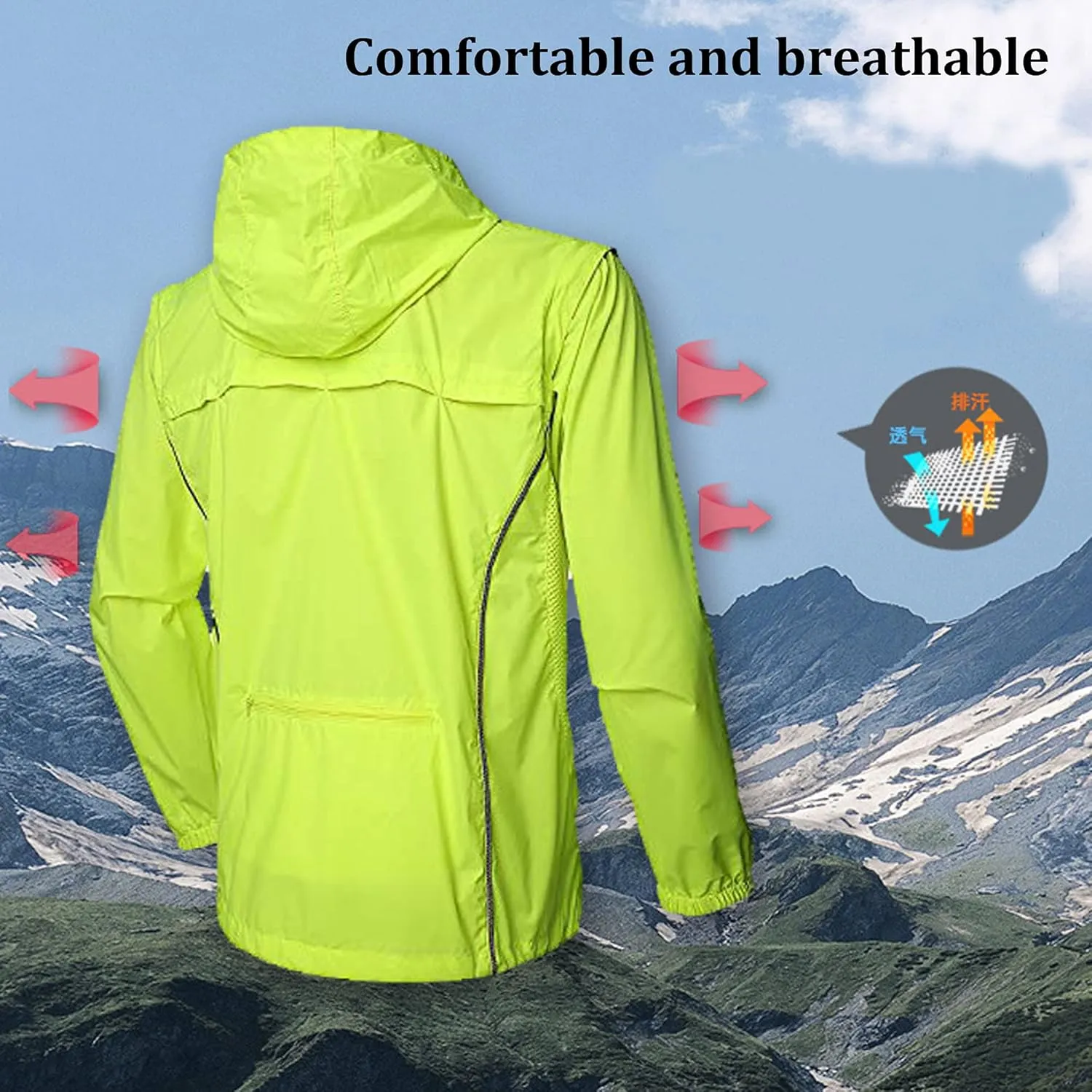 Men's Cycling Jacket Lightweight Windproof Waterproof Hooded Running Rain Jacket with Removable Sleeve