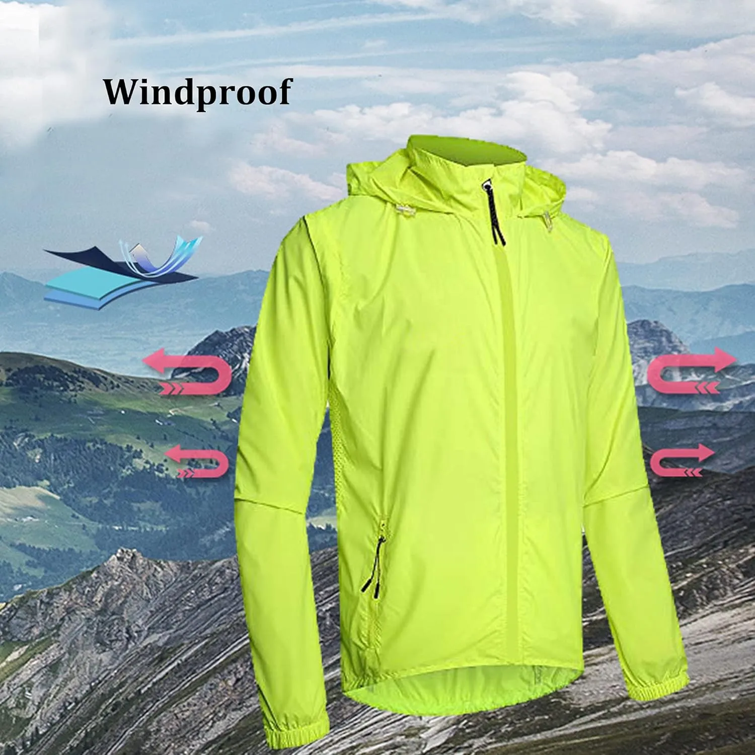 Men's Cycling Jacket Lightweight Windproof Waterproof Hooded Running Rain Jacket with Removable Sleeve
