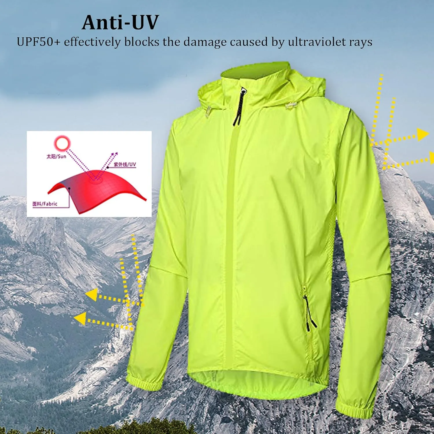 Men's Cycling Jacket Lightweight Windproof Waterproof Hooded Running Rain Jacket with Removable Sleeve