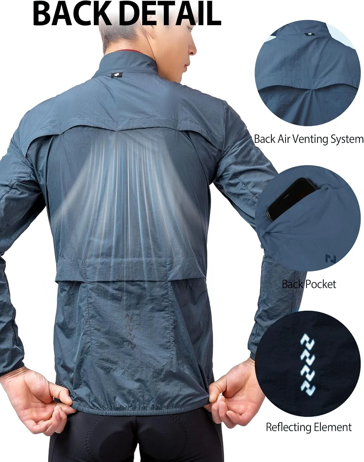 Men's Cycling Jacket Windbreaker Lightweight Packable Breathable Cycling Bike Jacket with Reflective Strips Hiking