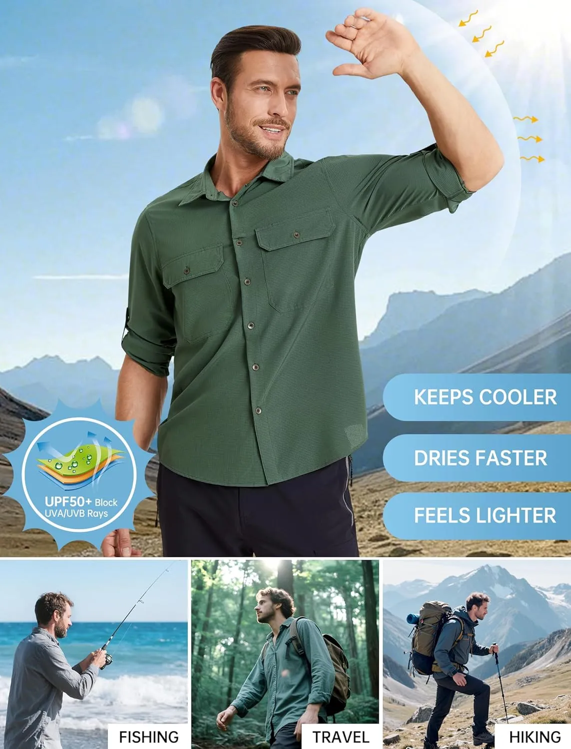 Mens Fishing Shirts Long Sleeve UPF 50  Sun Protection Quick Dry Cooling Hiking Travel Button Down Shirt Roll Up Sleeve