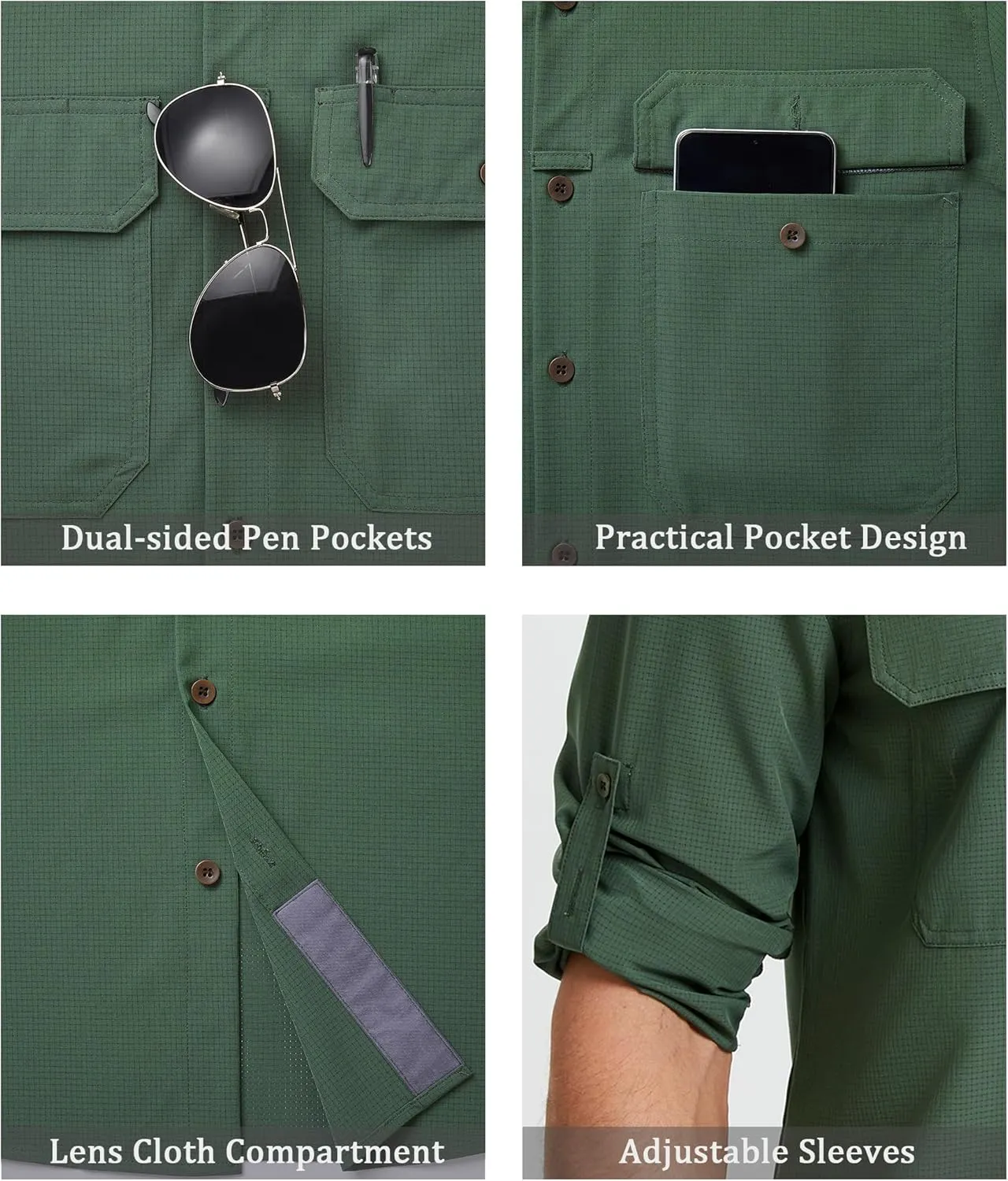Mens Fishing Shirts Long Sleeve UPF 50  Sun Protection Quick Dry Cooling Hiking Travel Button Down Shirt Roll Up Sleeve