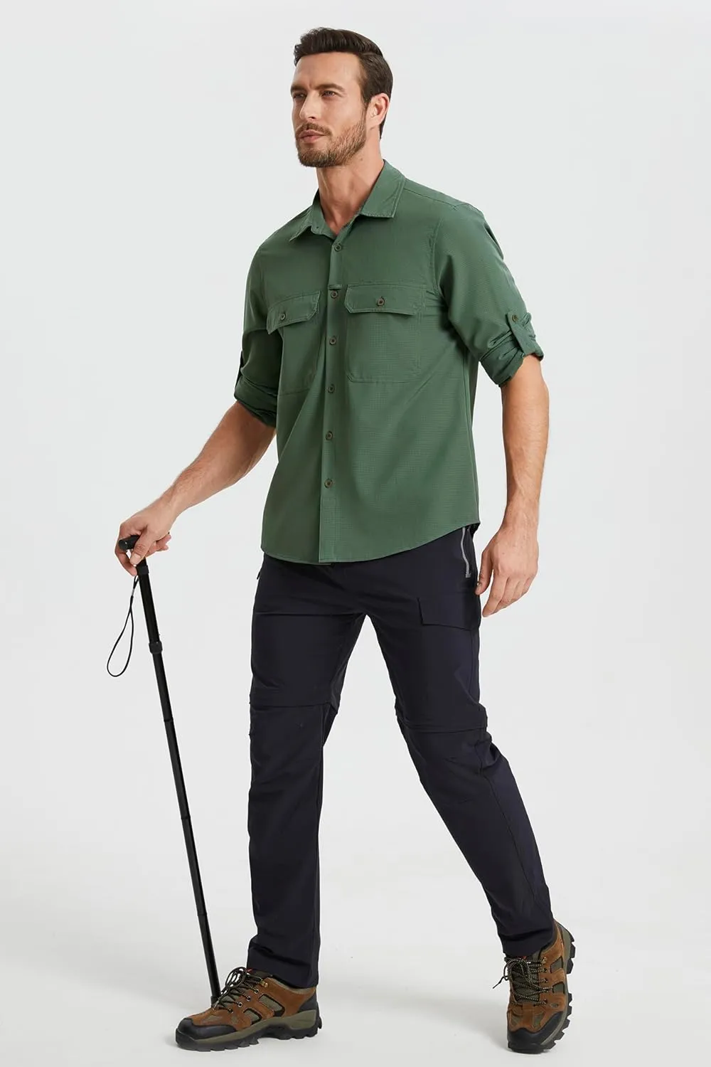 Mens Fishing Shirts Long Sleeve UPF 50  Sun Protection Quick Dry Cooling Hiking Travel Button Down Shirt Roll Up Sleeve