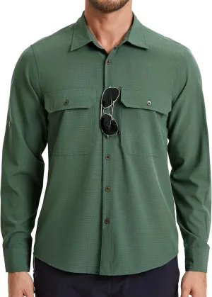 Mens Fishing Shirts Long Sleeve UPF 50  Sun Protection Quick Dry Cooling Hiking Travel Button Down Shirt Roll Up Sleeve