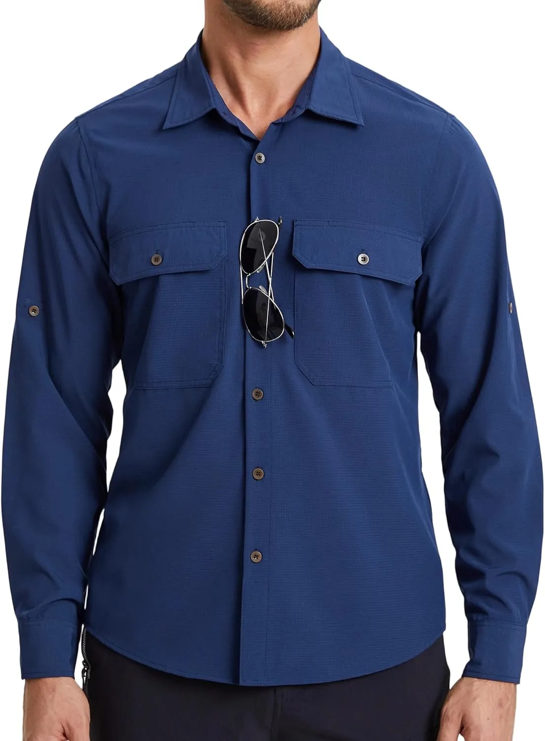 Mens Fishing Shirts Long Sleeve UPF 50  Sun Protection Quick Dry Cooling Hiking Travel Button Down Shirt Roll Up Sleeve