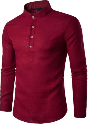 Men's Henley Linen Long Sleeve Shirts Casual Button-Down Shirts Roll-Up Slim Fit Tee Top