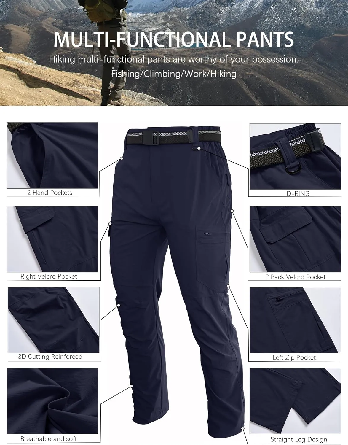 Men's Hiking Cargo Work Pants Lightweight Waterproof Quick Dry Camping Fishing Travel Outdoor Pants