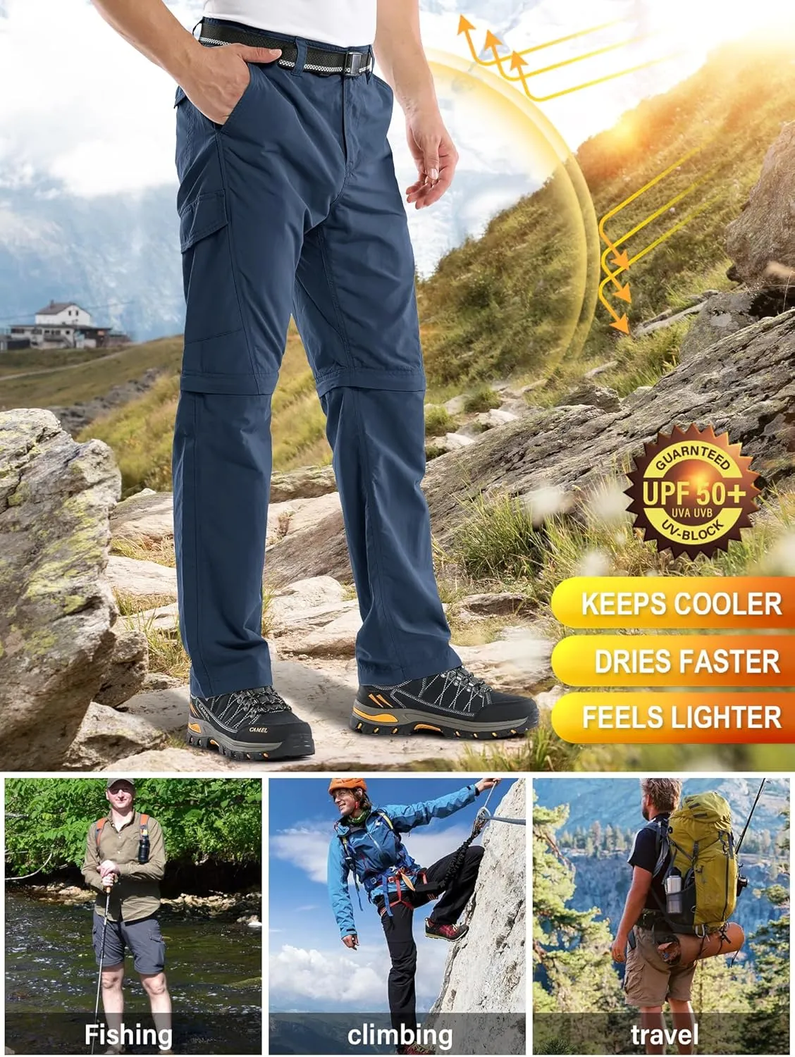 Mens Hiking Pants Convertible Outdoor Waterproof Quick Dry Zip Off Lightweight Travel Fishing Boy Scout Pants