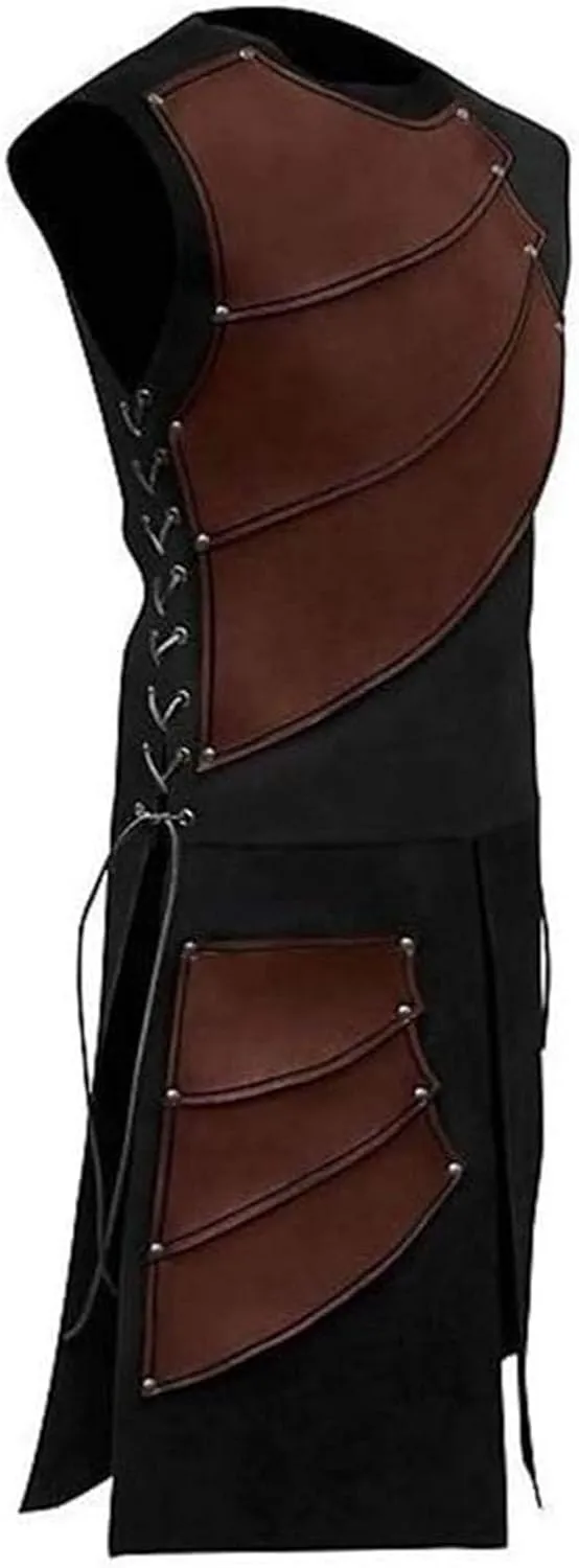 Mens Knight Viking Pirate Armor Costume Set with Side Laces, Long Waistcoats Bracers, Medieval Sleeveless Waistcoats