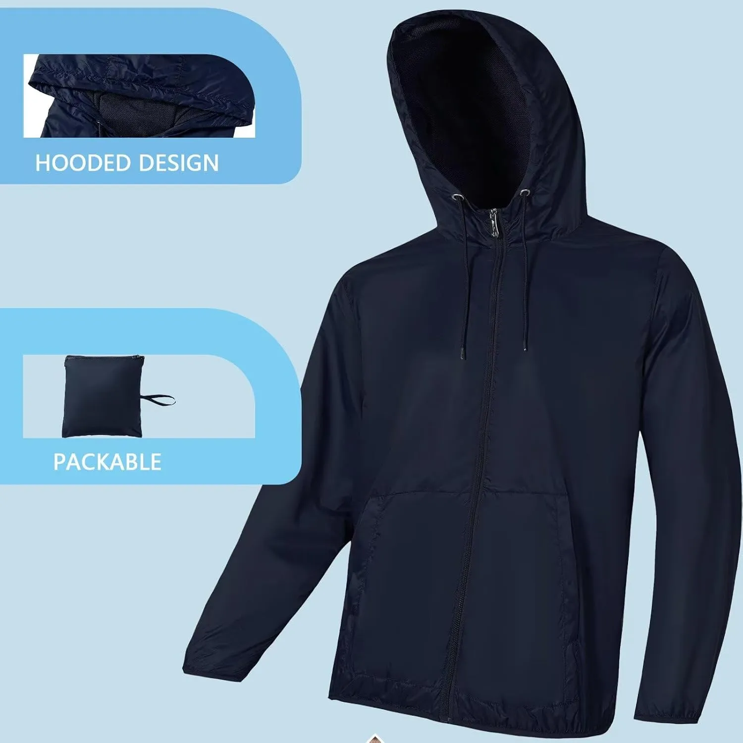 Mens Lightweight Running Jacket Waterproof Cycling Jackets Packable Uv Sun Protection Windbreaker with Hood