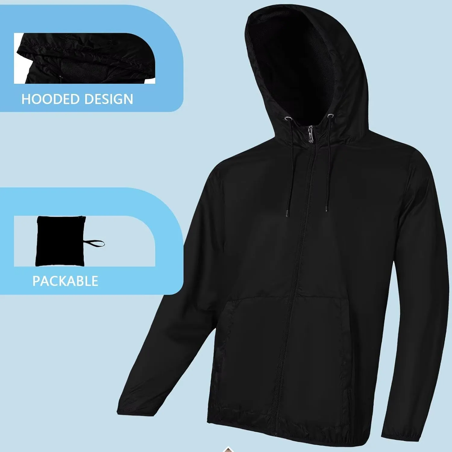 Mens Lightweight Running Jacket Waterproof Cycling Jackets Packable Uv Sun Protection Windbreaker with Hood