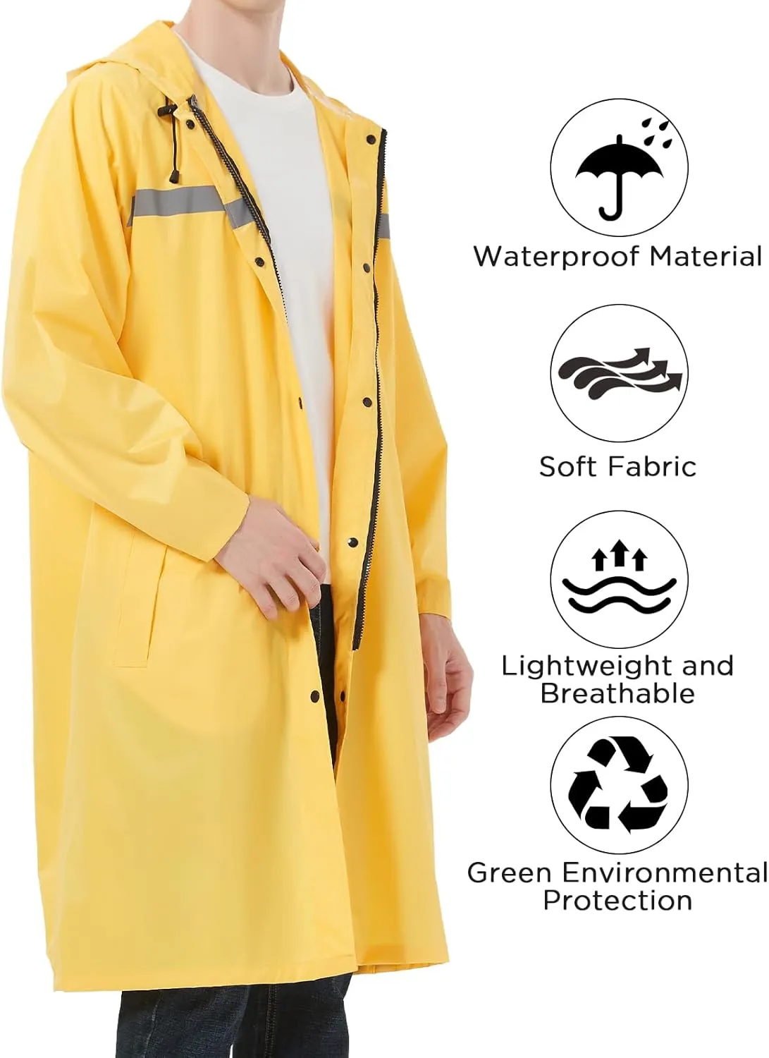 Mens Long Safety Rain Coats with Air Vents Reflective Stripes Waterproof Packable Rain Jacket with Hood Lightweight