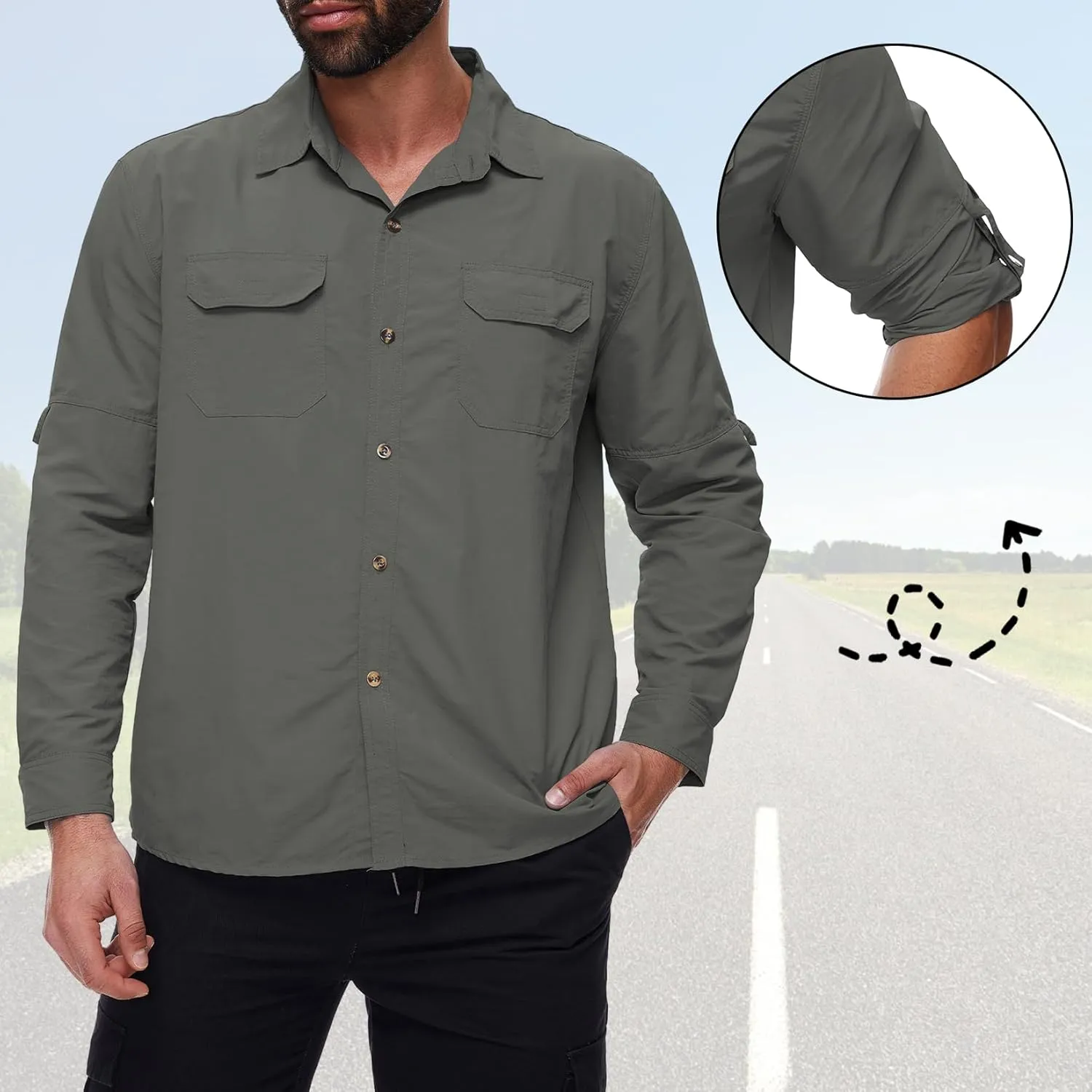 Mens Long Sleeve Fishing Shirts Sun Protection Work Safari Cooling Shirts for Men Traveling Hiking Camping Quick Dry