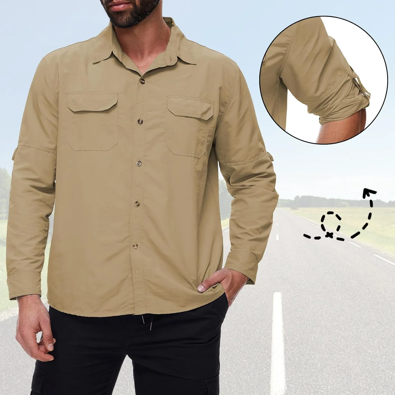 Mens Long Sleeve Fishing Shirts Sun Protection Work Safari Cooling Shirts for Men Traveling Hiking Camping Quick Dry