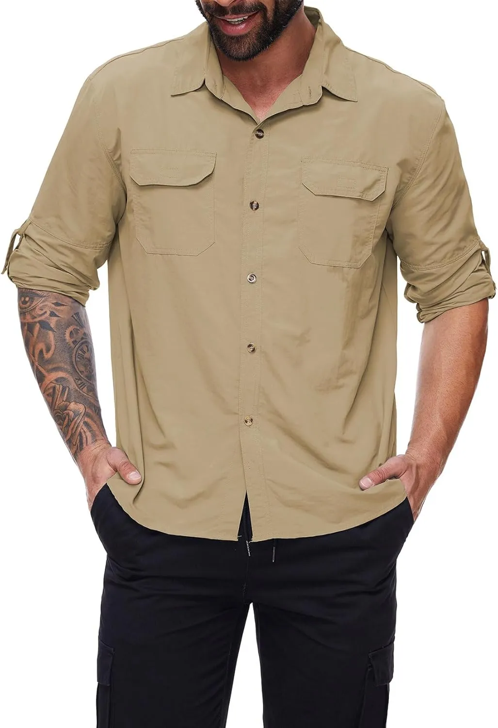 Mens Long Sleeve Fishing Shirts Sun Protection Work Safari Cooling Shirts for Men Traveling Hiking Camping Quick Dry